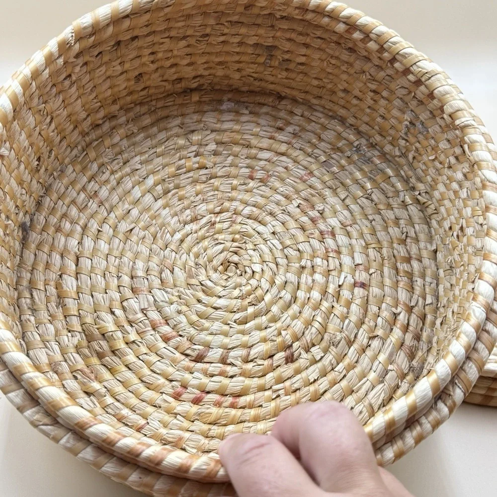 Handwoven Lidded Raffia Coil Basket Natural Boho Woven Storage Basket Vintage